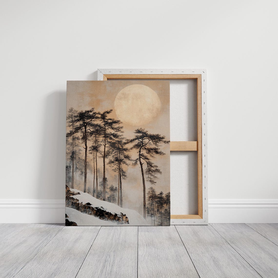 Full Moon Over Snowy Pines Misty Winter Forest Cabin Travel Poster - Image 2