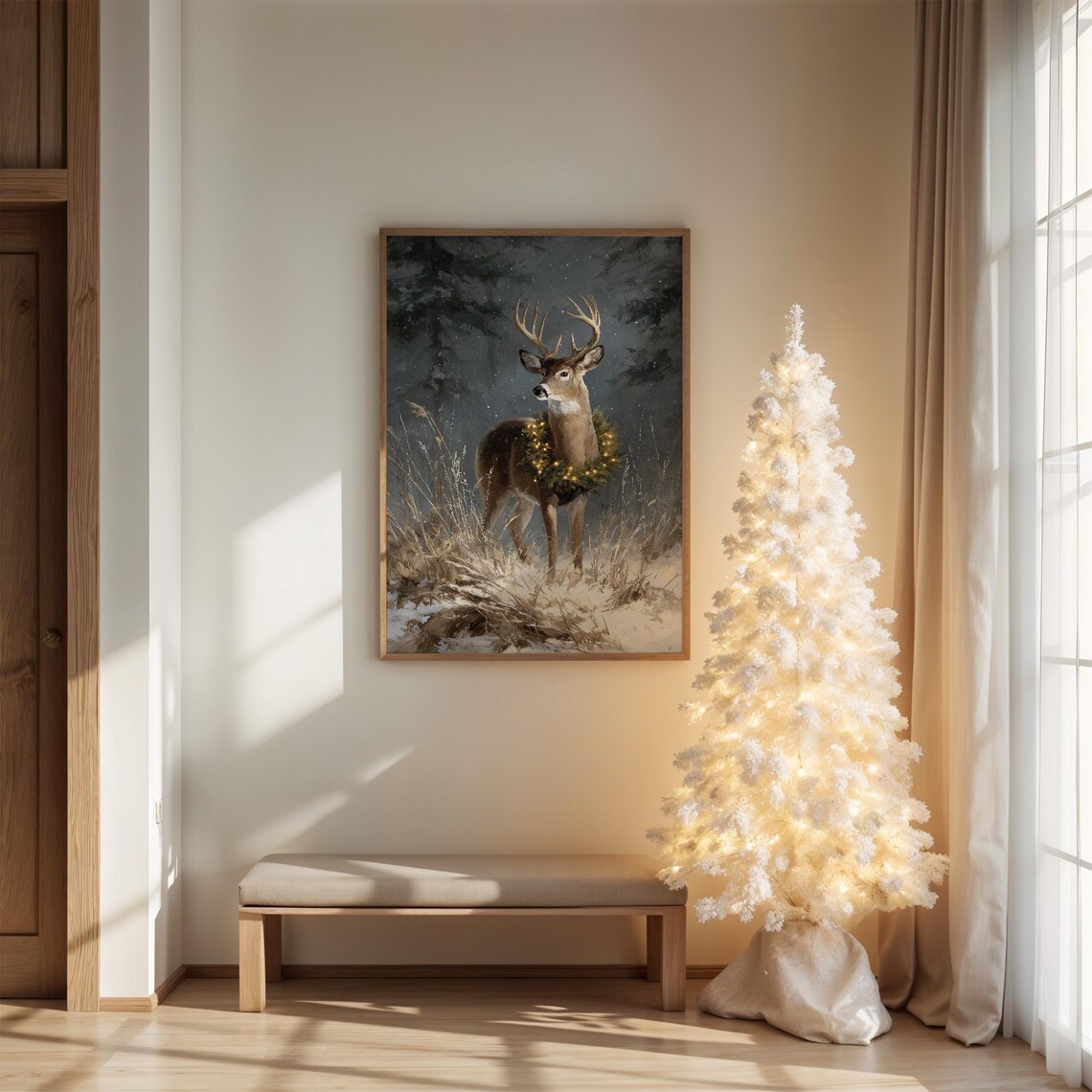 Majestic Christmas Deer With Wreath, Wall Art Print