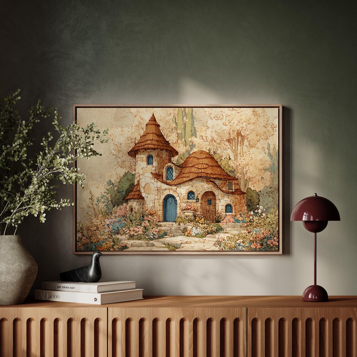 Storybook Stone Cottage Thatched Roof Fairytale Garden Art Print