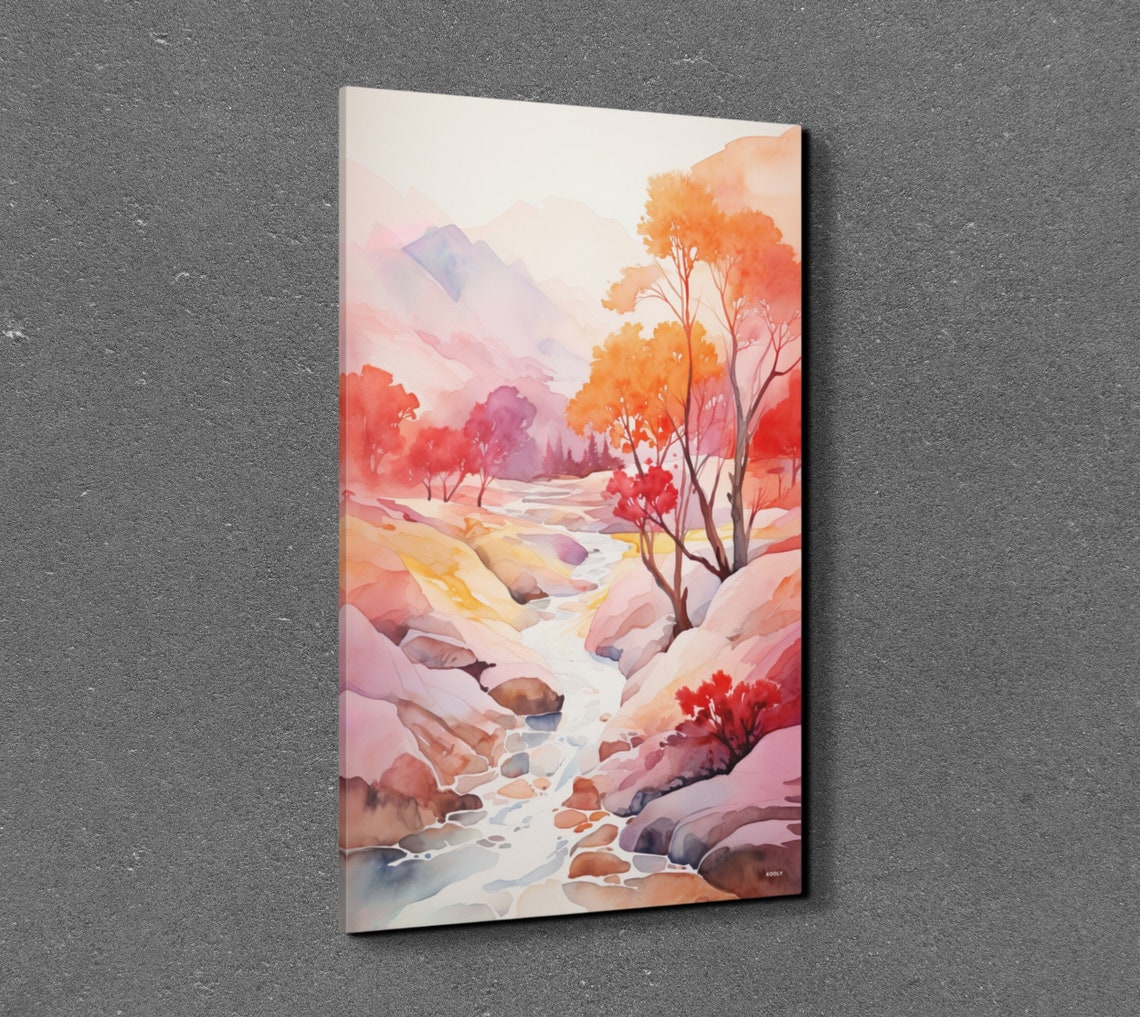 Autumn Stream Through Pink And Orange Trees Watercolor Poster - Image 7