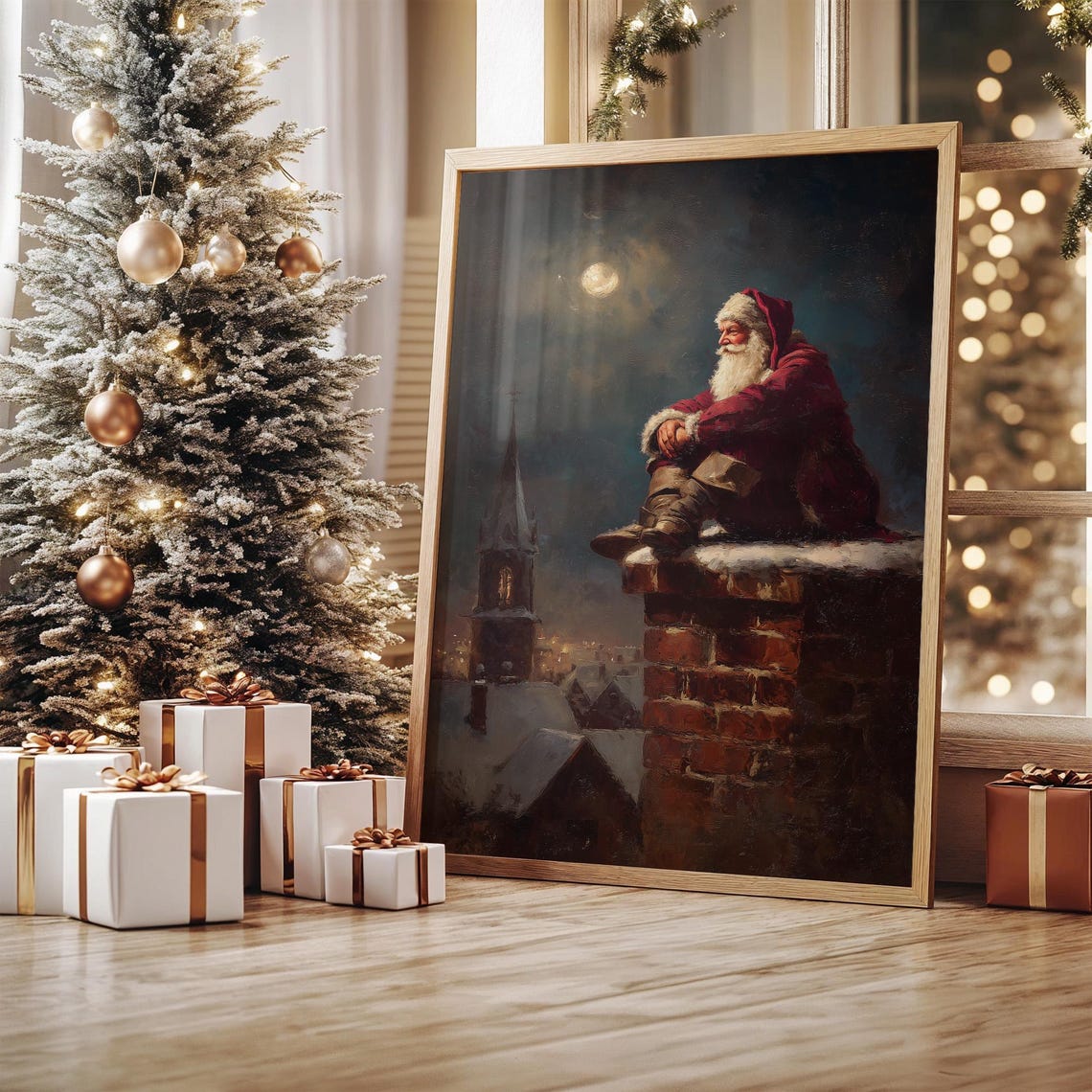 Santa Claus Sitting on Snowy Rooftop Chimney Under Moon Poster