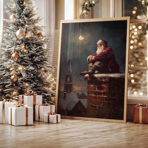 Santa Claus Sitting on Snowy Rooftop Chimney Under Moon Poster