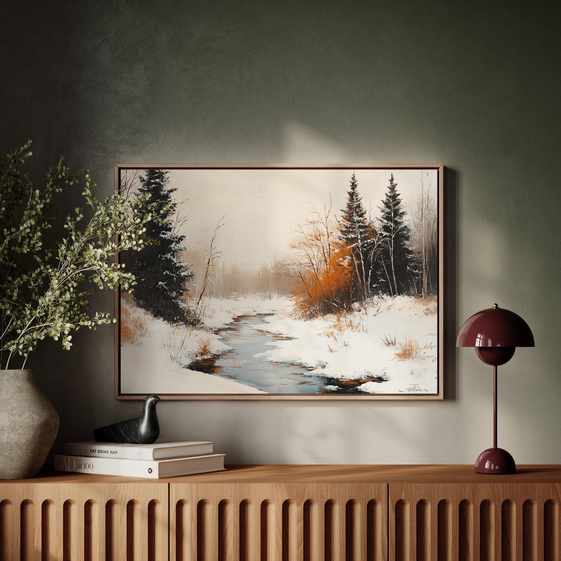 Winter Forest Creek With Evergreens And Autumn Foliage Poster