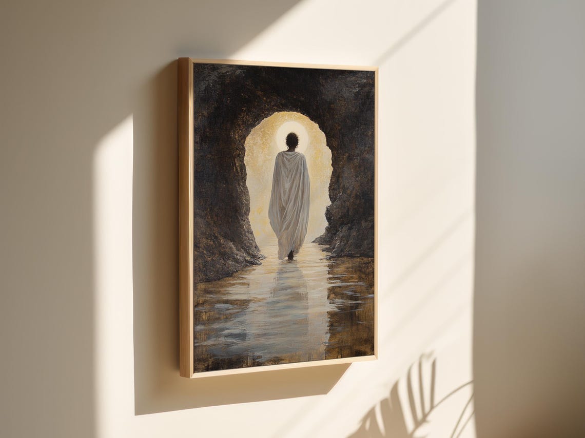 Robed Figure Walking Toward Glowing Light in Stone Archway Poster - Image 7