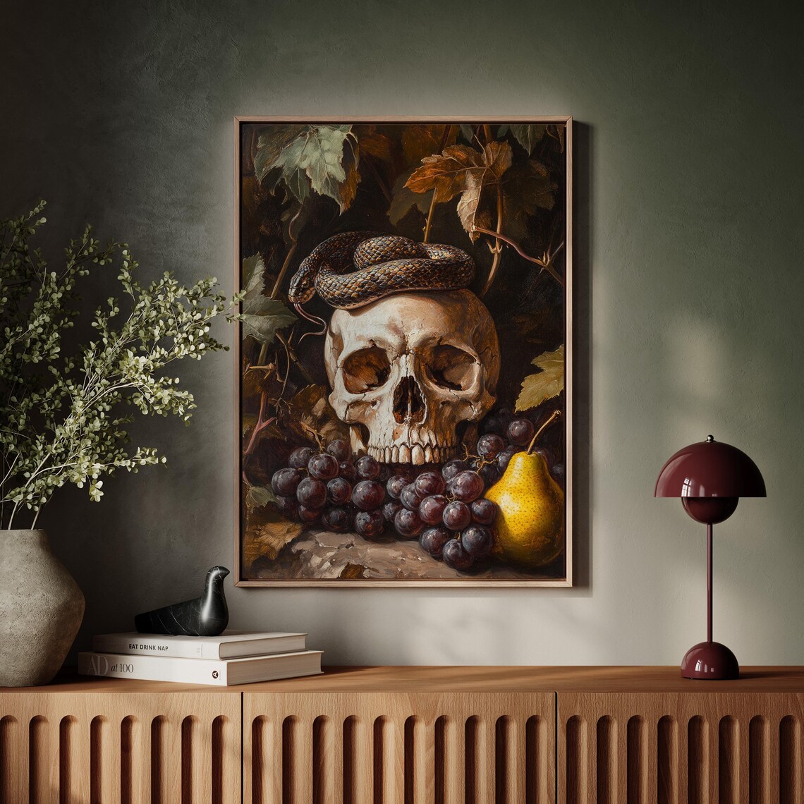 Skull Snake Grapes Pear Dark Still Life Gothic Vintage Oil Painting Poster - Image 4