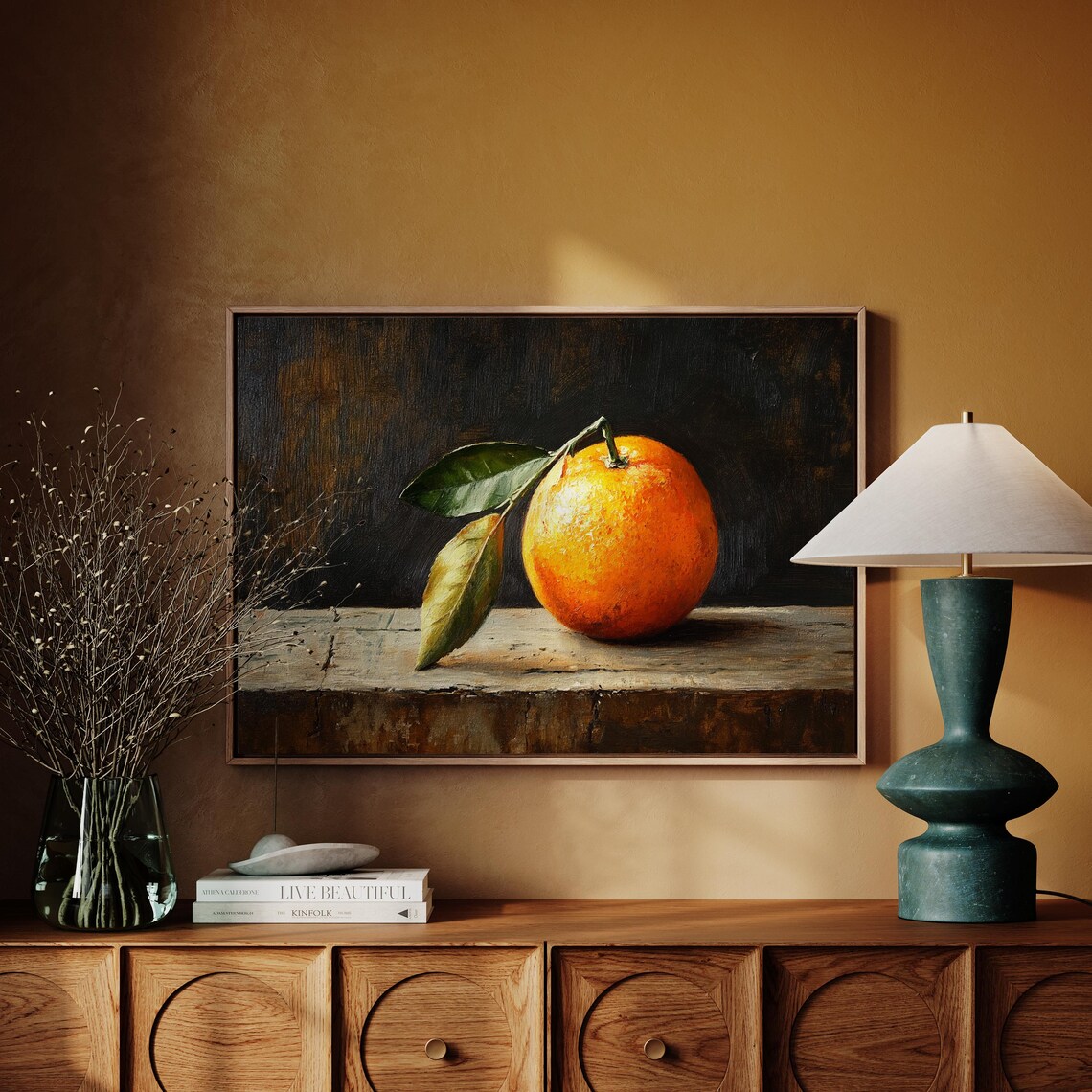 Orange with Leaves on Weathered Wood Dark Still Life Oil Poster - Image 4