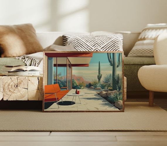 Mid Century Desert Modern Patio Saguaro Cacti Retro Travel Poster