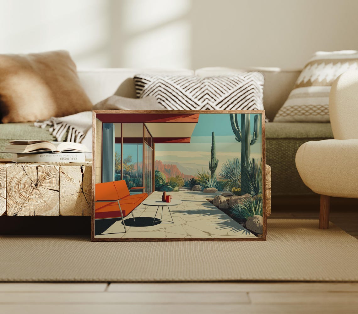 Mid Century Desert Modern Patio Saguaro Cacti Retro Travel Poster