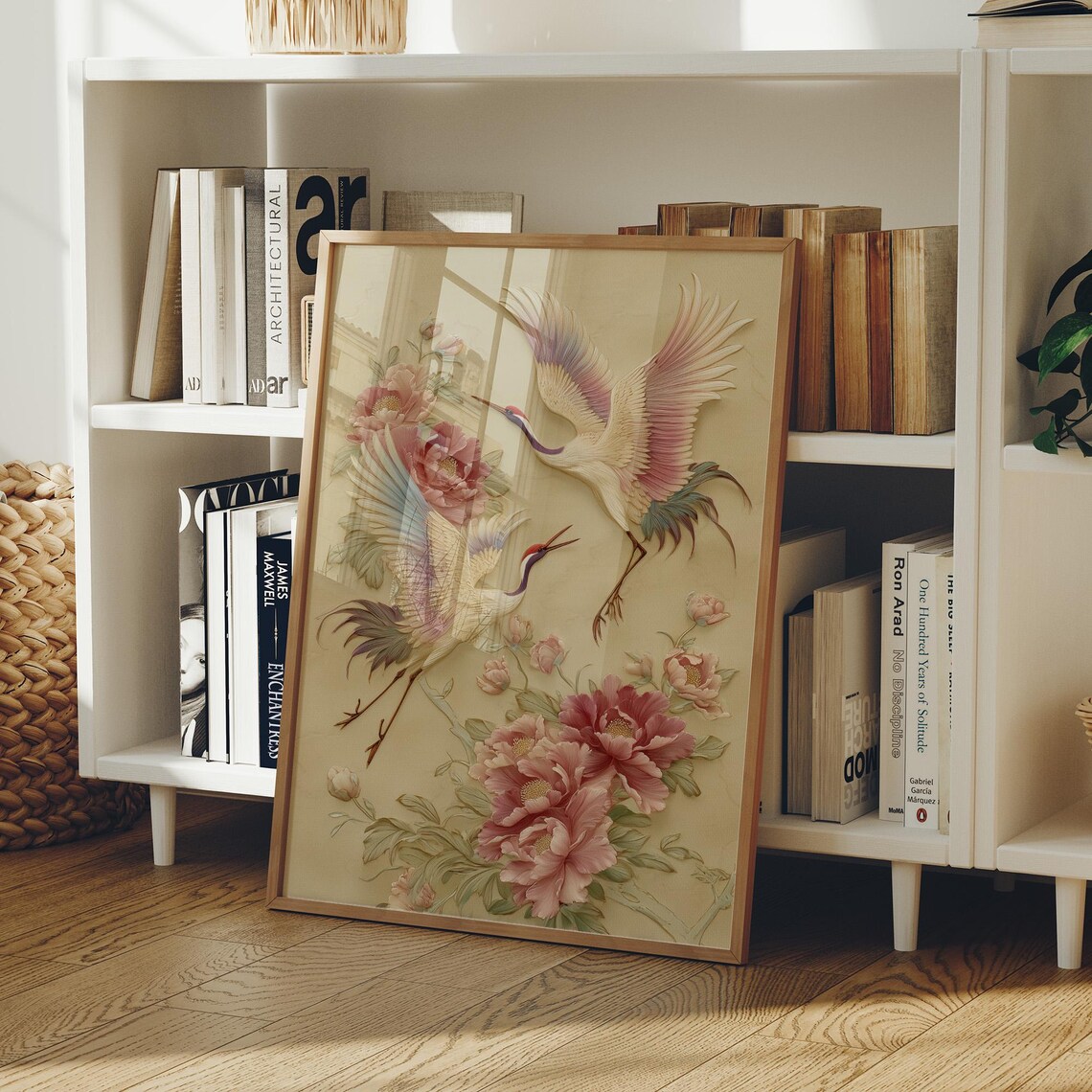 Elegant Cranes and Peonies Chinoiserie Style Floral Bird Painting Poster