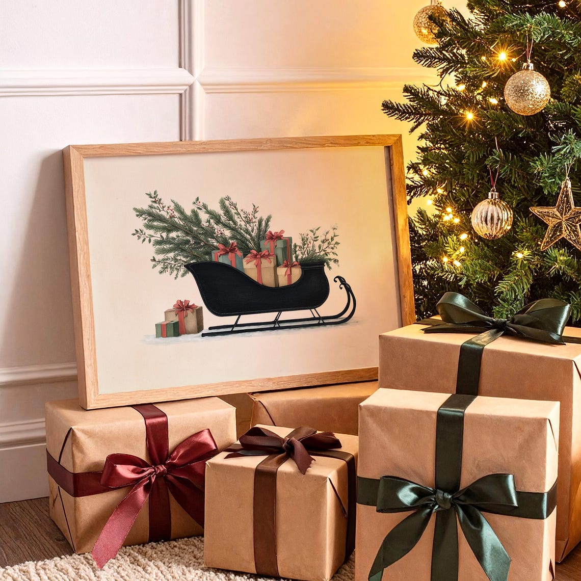 Vintage Black Sleigh With Christmas Gifts And Pine Branches Poster