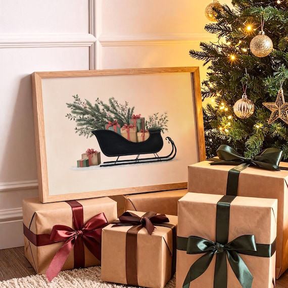 Vintage Black Sleigh With Christmas Gifts And Pine Branches Poster
