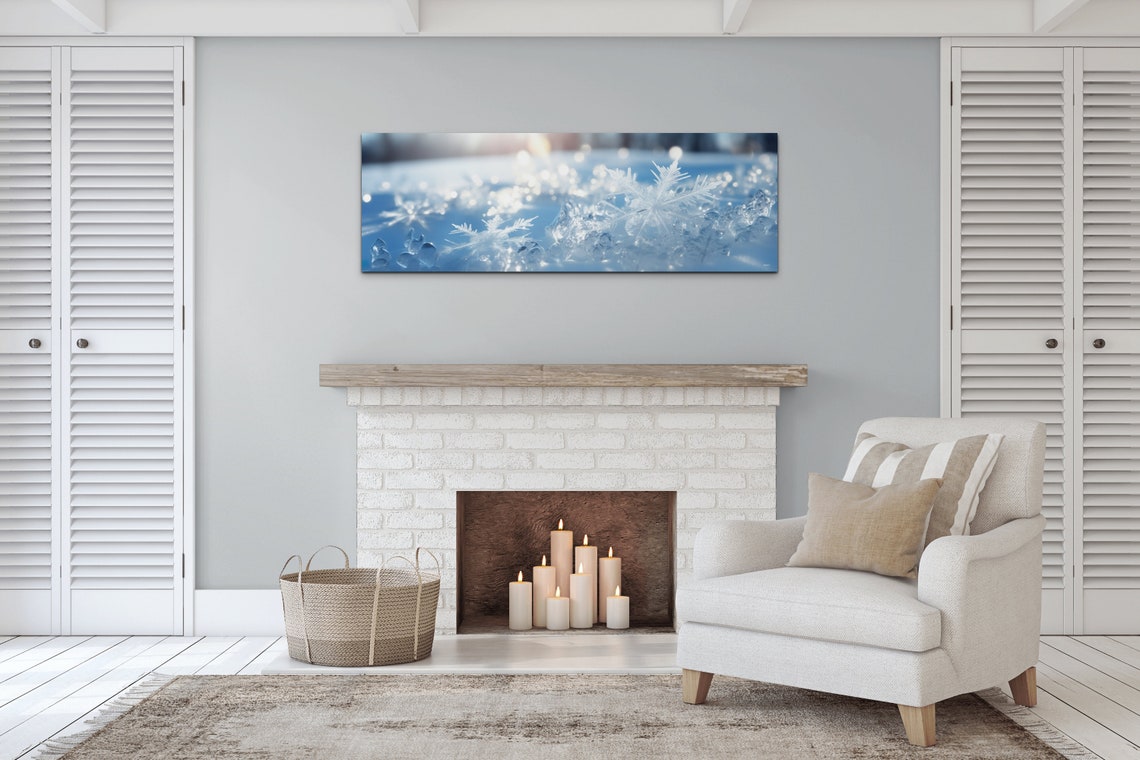 Macro Snowflake On Ice Crystals Blue Winter Panoramic Art Poster - Image 5