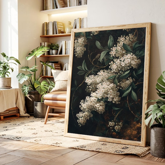 Vintage White Lilac Flower Canvas Wall Art Classic Botanical Oil Painting Style With Dark Background Elegant Floral Dcor Print