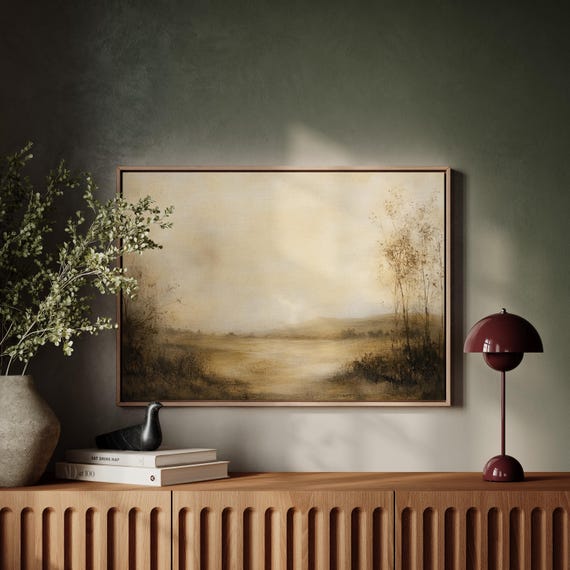 Neutral Landscape Art Minimalist Rustic Field Painting With Trees And Hills Vintage Farmhouse Wall Decor In Earth Tones