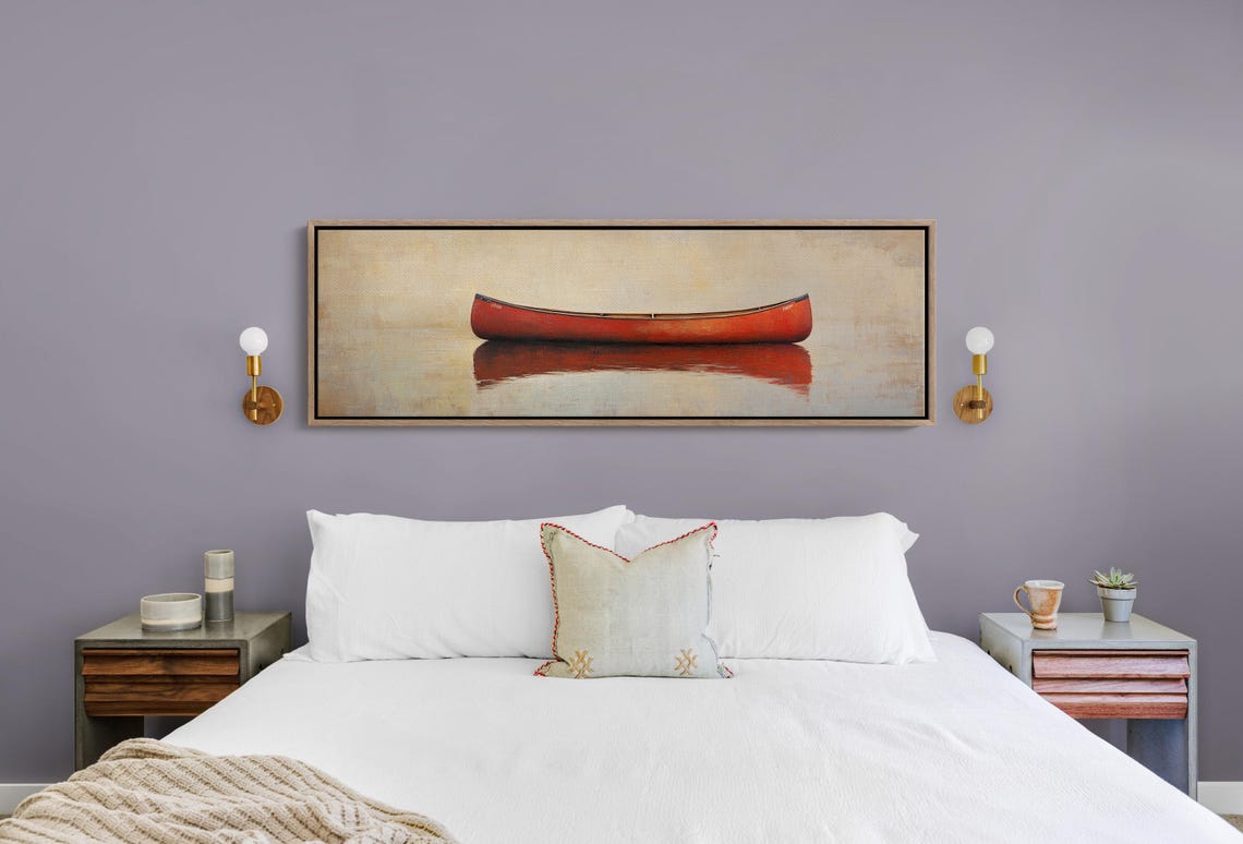 Red Canoe Minimalist Panoramic Still Water Reflection Poster - Image 5