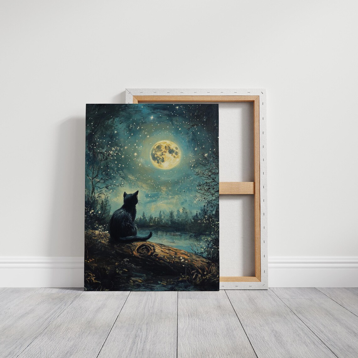 Black Cat Under Moonlight Mystical Night Scene Art Print - Image 3
