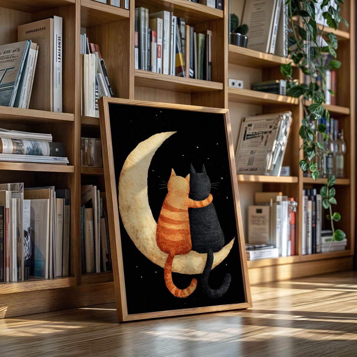 Cats Embracing On Crescent Moon
