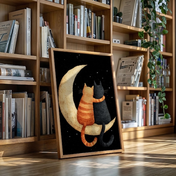 Cats Embracing On Crescent Moon