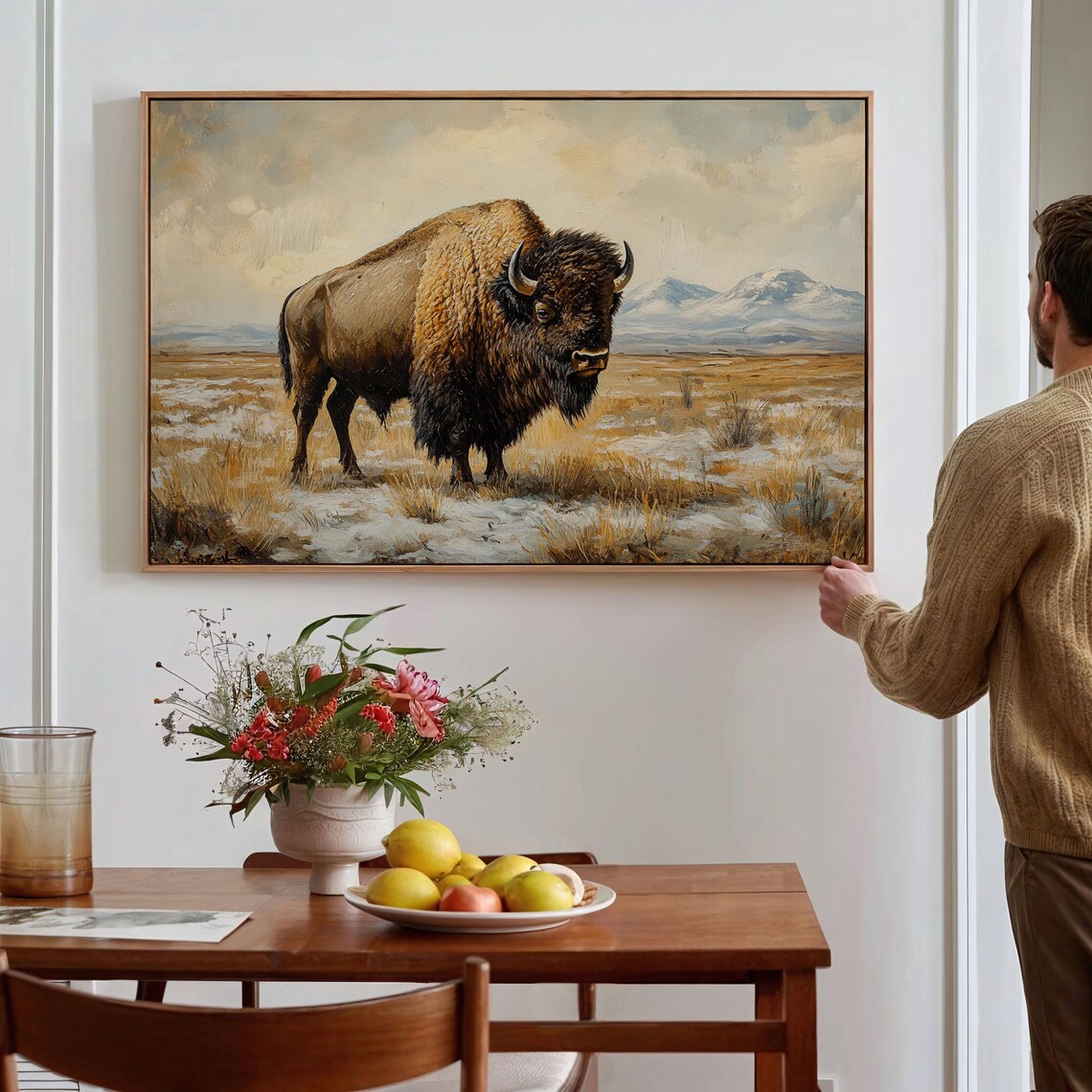 Majestic American Bison in Golden Prairie Oil Painting Wildlife Poster - Image 3