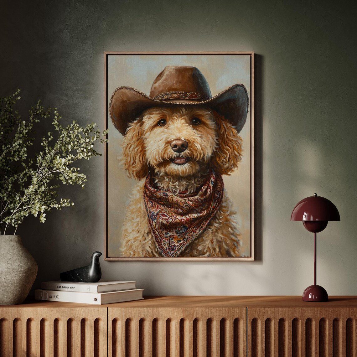Goldendoodle Dog in Cowboy Hat and Paisley Bandana Portrait Poster - Image 5