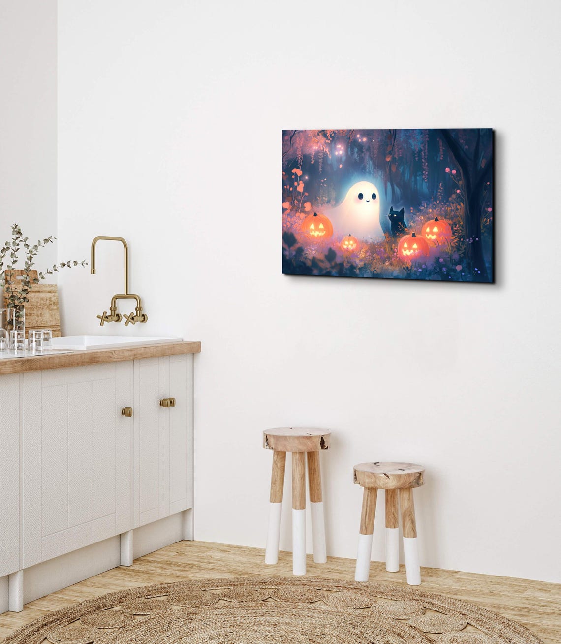 Smiling Ghost Black Cat Pumpkins Magical Forest Scene Poster - Image 4