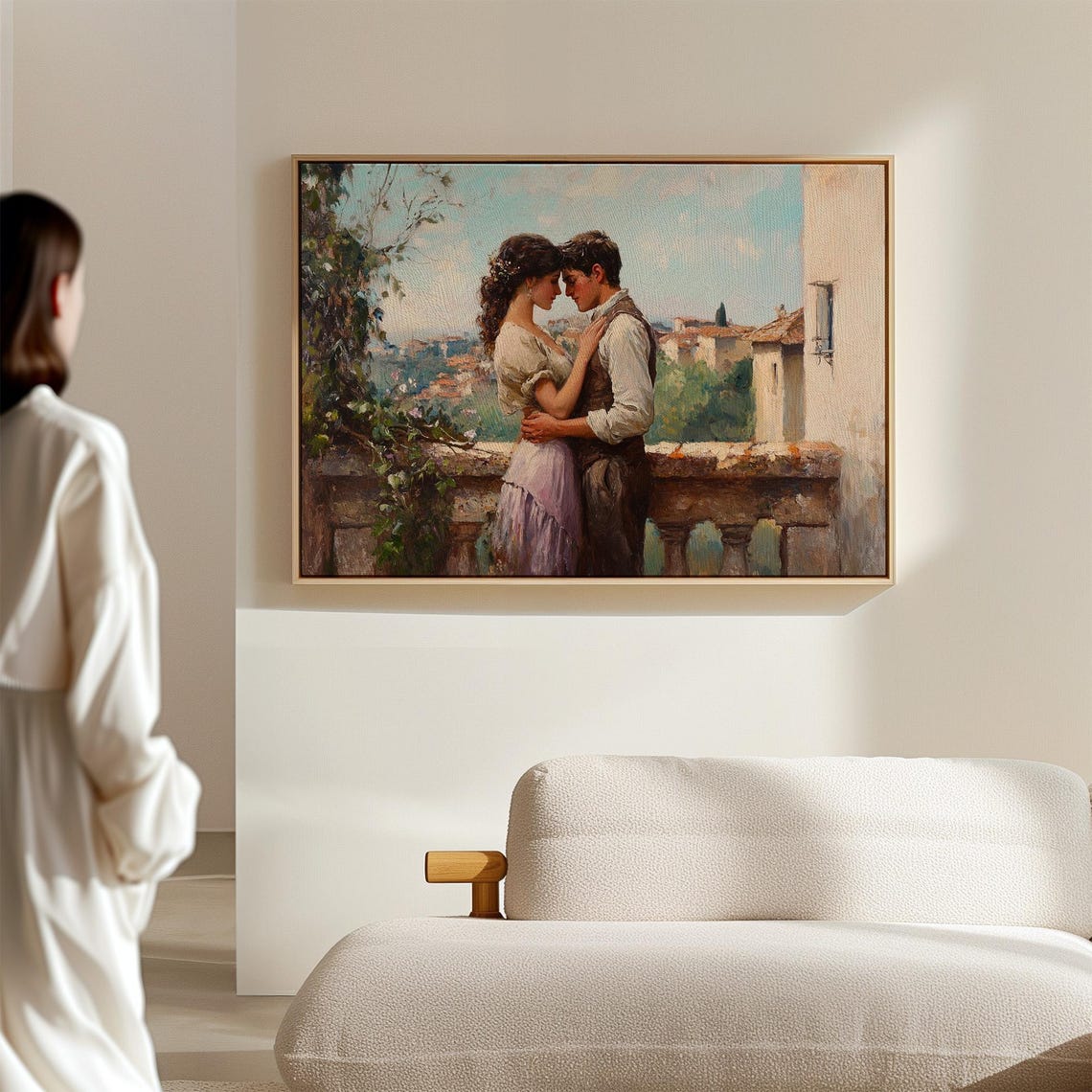 Young Couple Embracing On Balcony Overlooking Italian Town Wall Art - Image 7