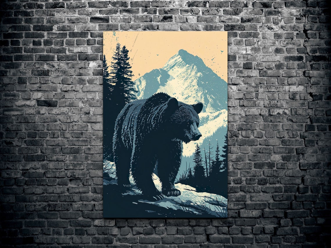 Black Bear Snowy Peak Retro Navy Wildlife Mountain Peak Poster - Image 2