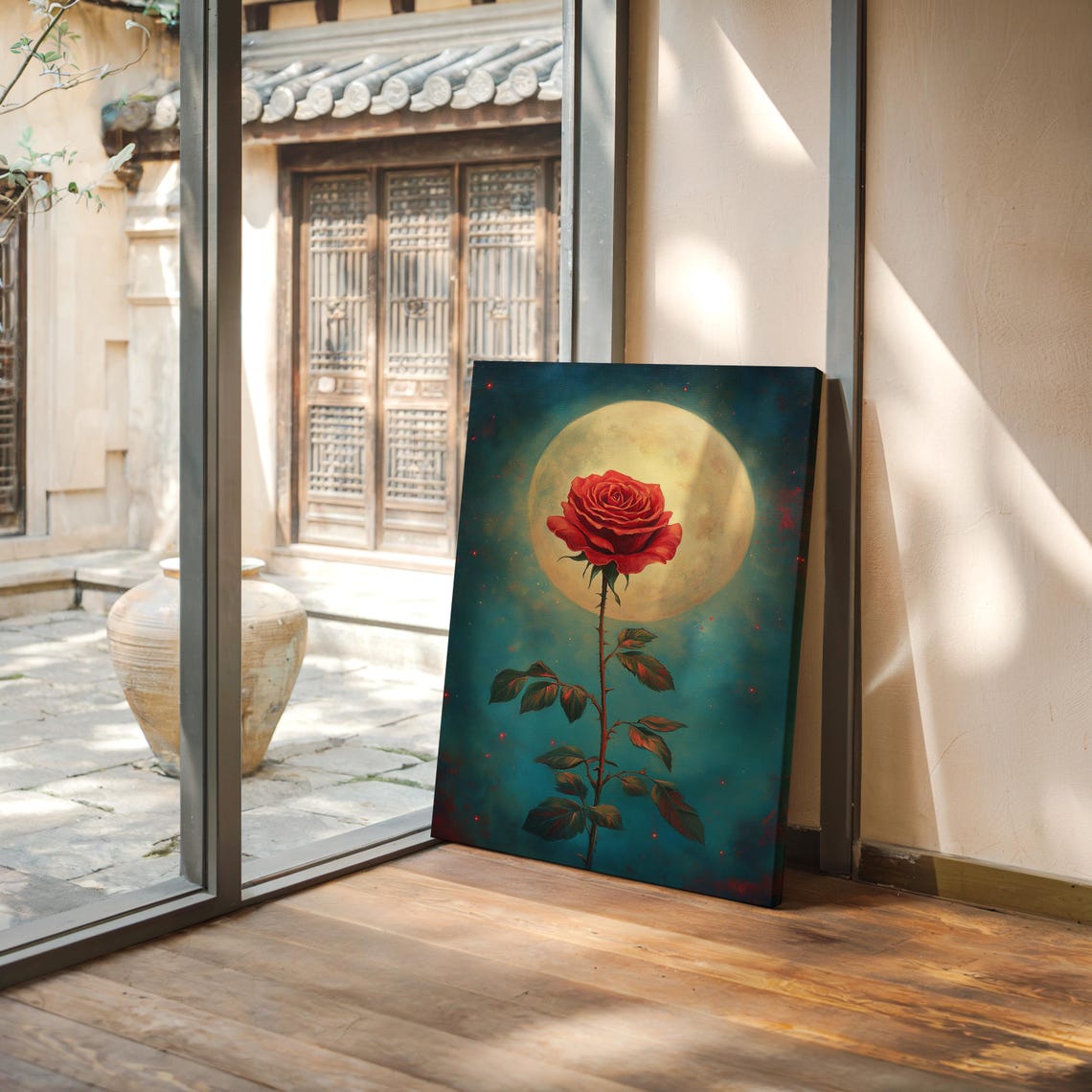 Red Rose Stem Golden Full Moon Teal Night Celestial Bloom Poster - Image 4
