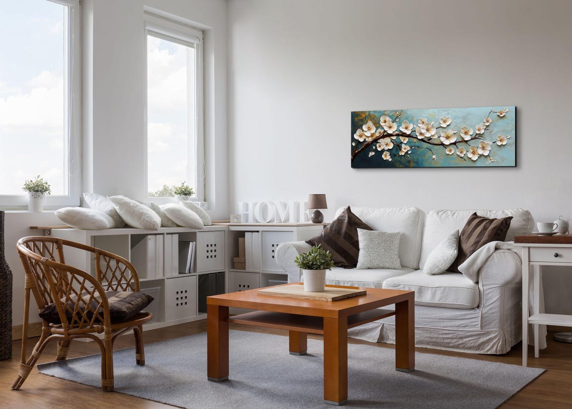 White Cherry Blossom Branch Impasto Panoramic Floral Art Poster - Image 5