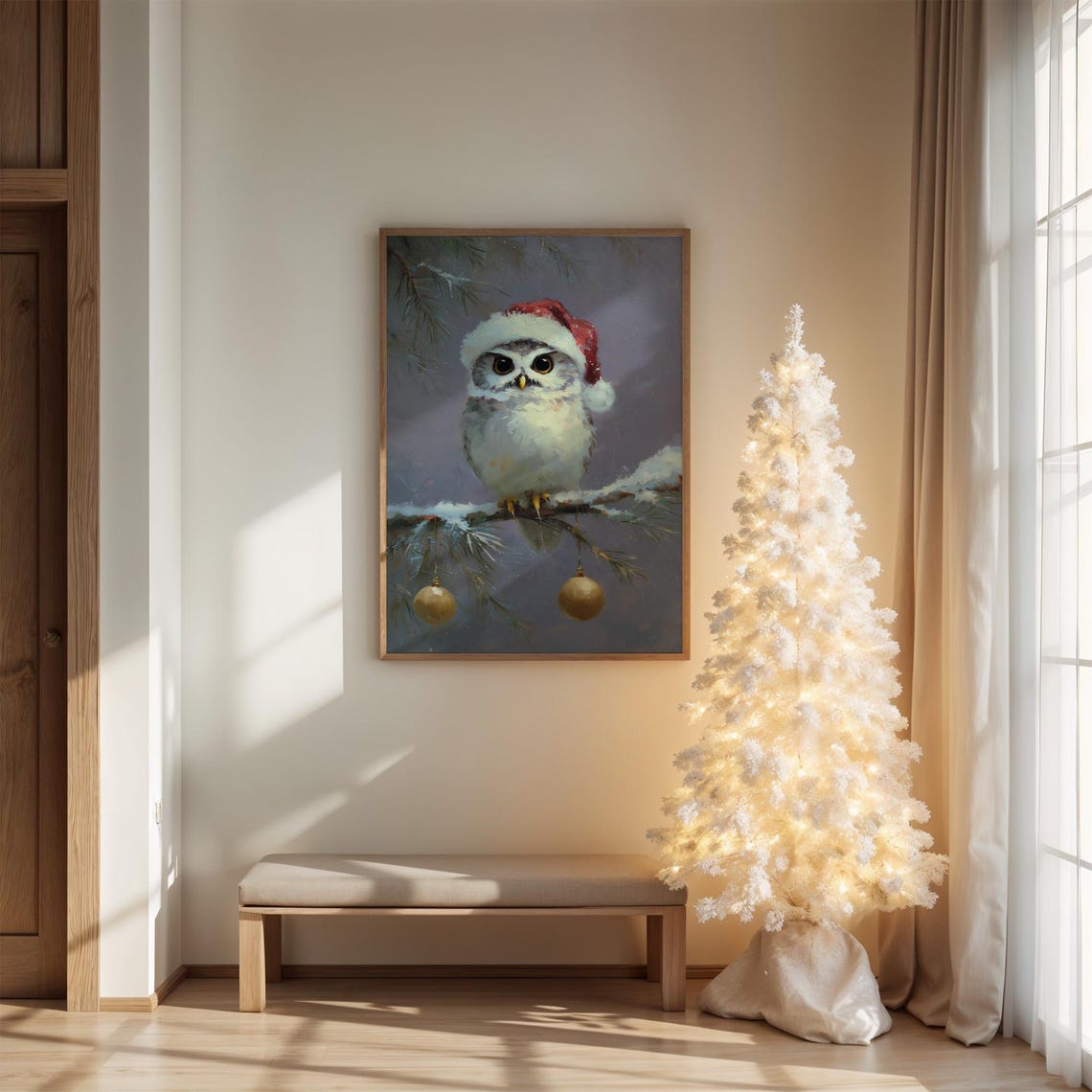 Cute Owl Wearing Santa Hat On Snowy Branch Christmas Art Poster