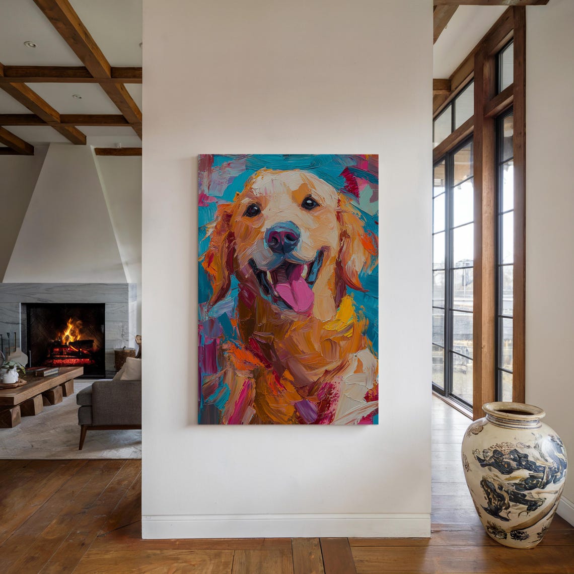 Golden Retriever Smiling Face Vibrant Textured Oil Painting Wall Art - Image 4
