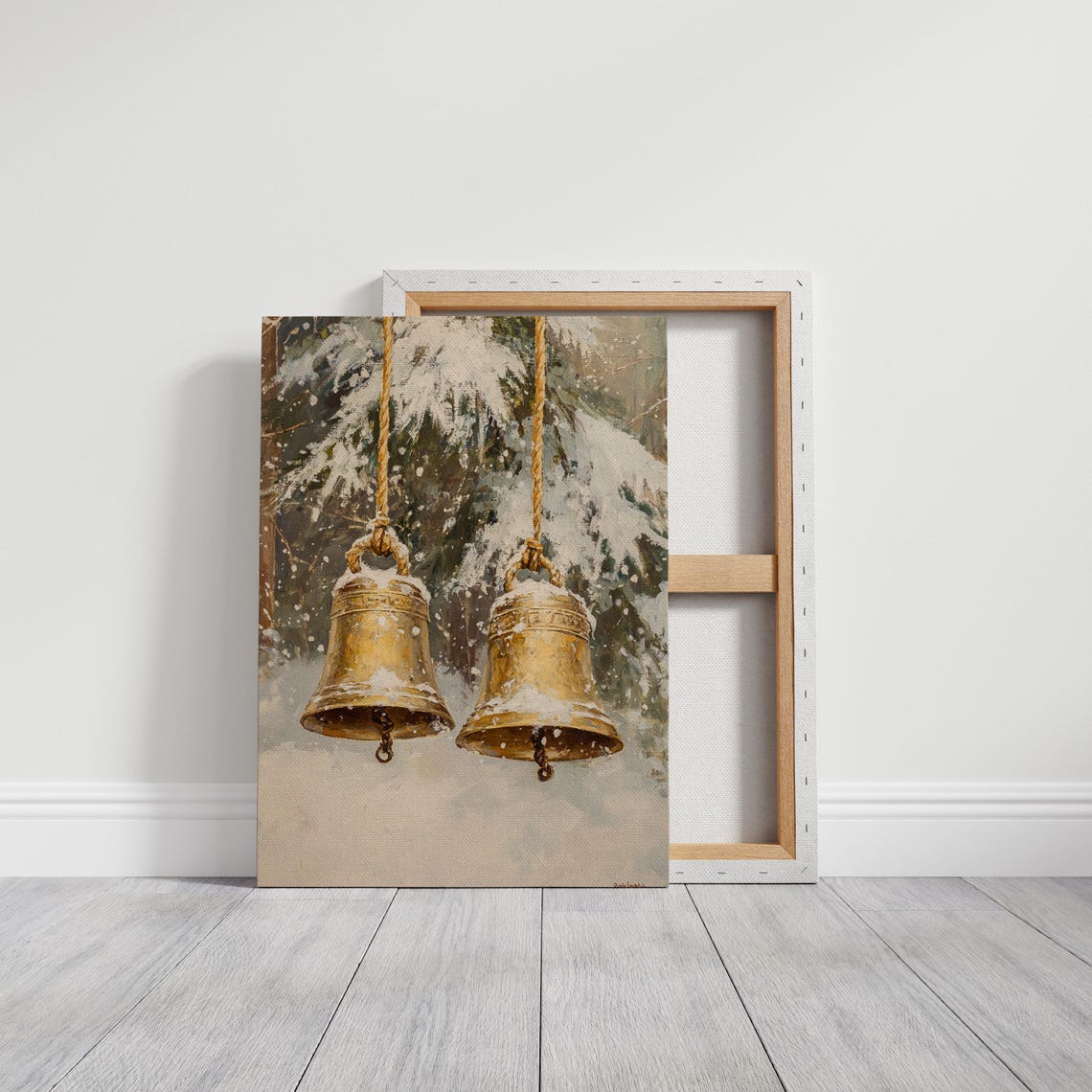 Two Golden Christmas Bells Hanging in Snowy Pine Forest Art Print - Image 3