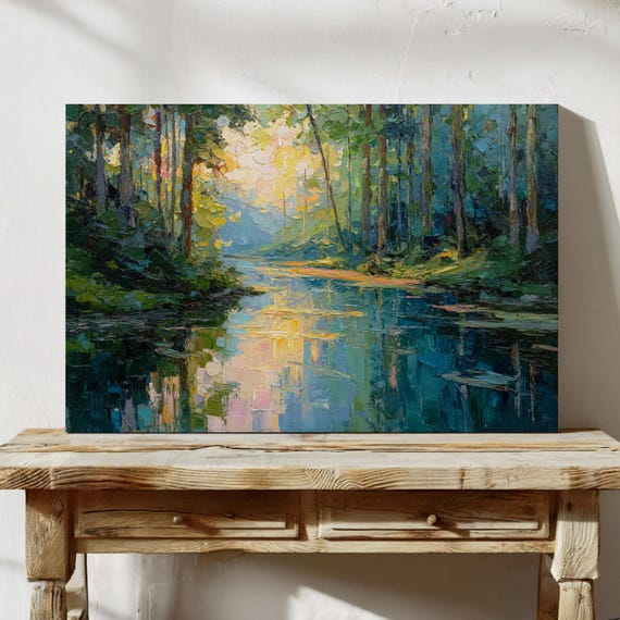 Sunlit Forest River Canvas Wall Art Vibrant Nature Landscape With Reflections Trees Impressionist Oil Painting Style Home Dcor