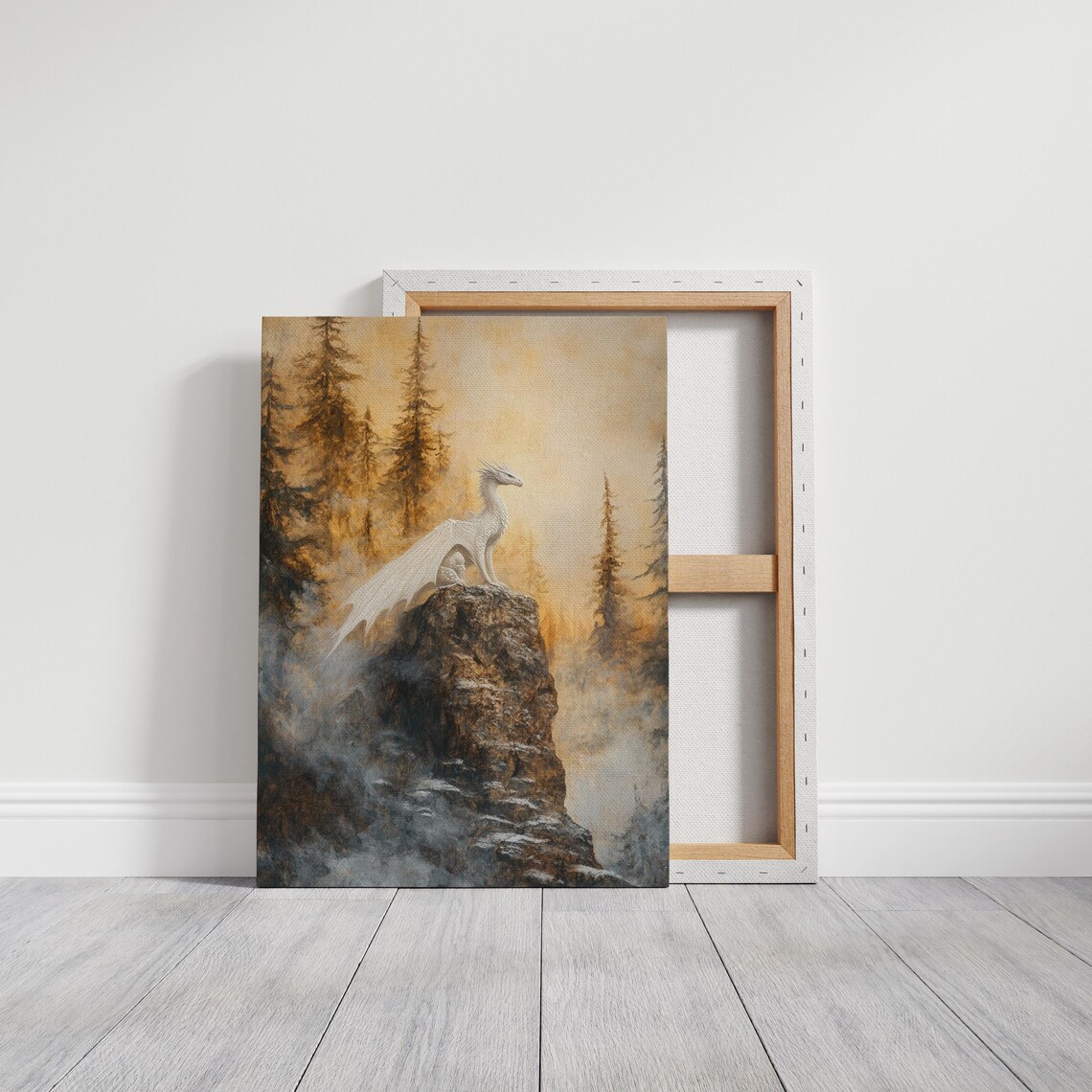 Majestic White Dragon Overlooking Misty Forest Wall Art For Fantasy Decor - Image 3