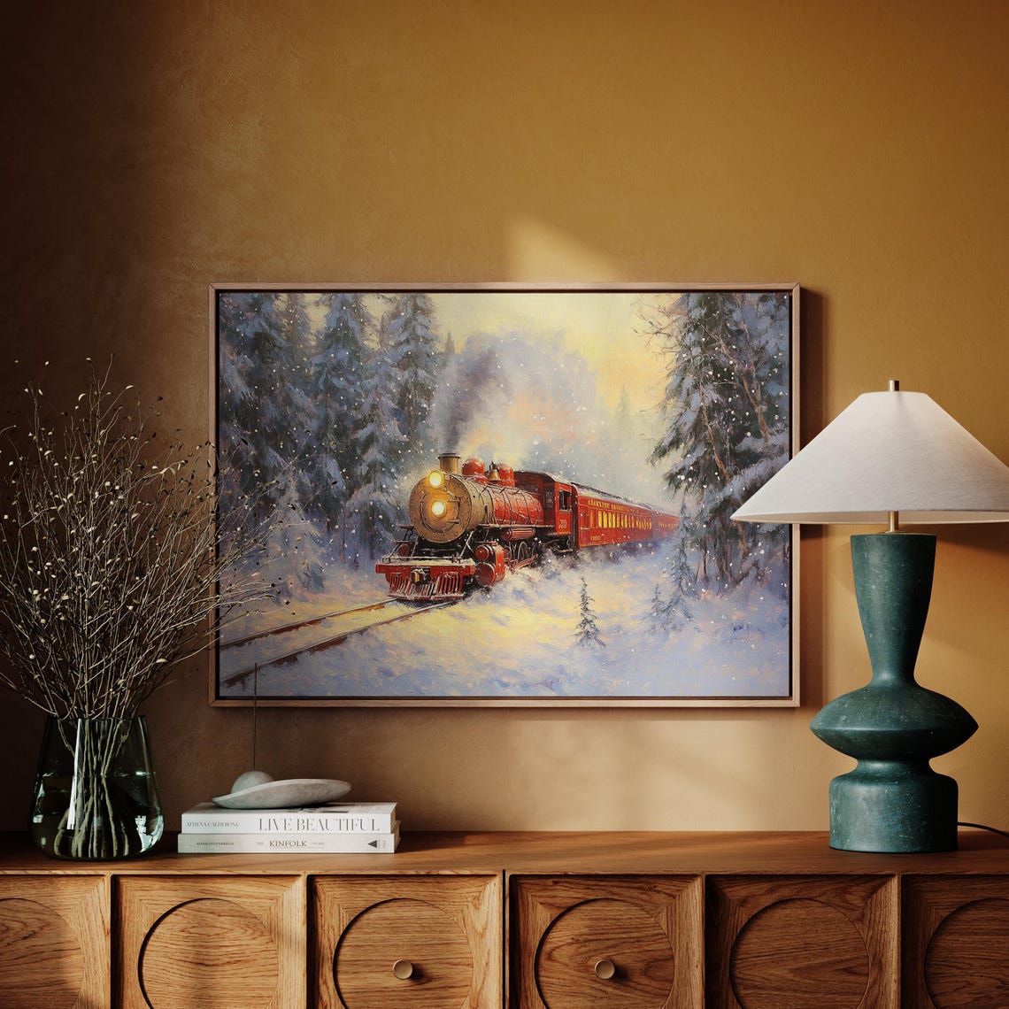 Red Steam Train In Snowy Forest Glowing Sunset Winter Wall Art - Image 4