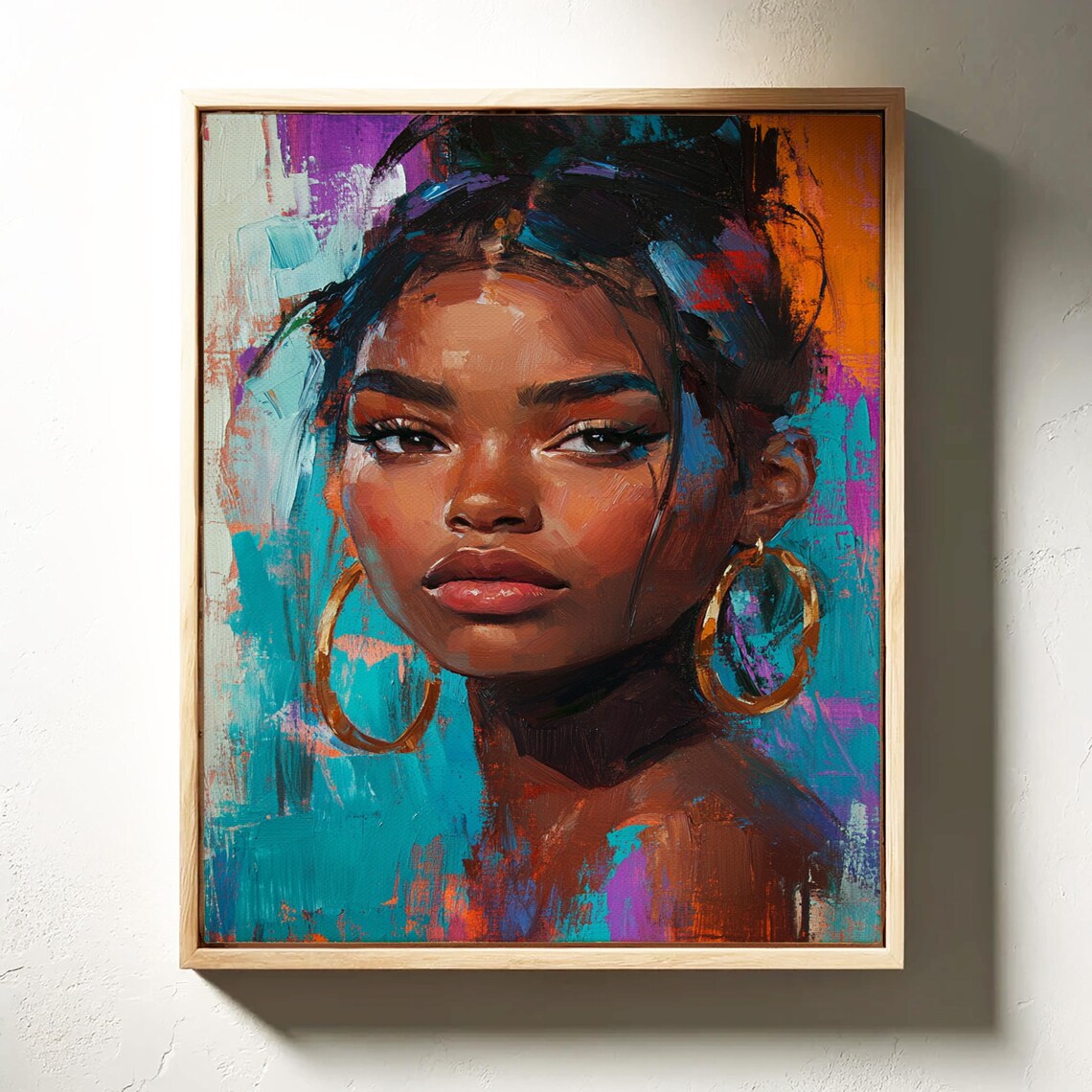 Vibrant Woman Portrait Gold Hoop Earrings Bold Abstract Modern Poster - Image 4
