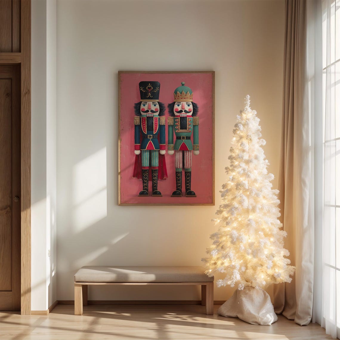 Two Nutcracker Soldiers Folk Art on Pink Background Christmas Poster
