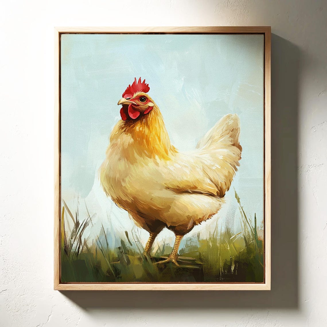 White Rooster with Red Comb in Field Folk Art Painting Poster - Image 3