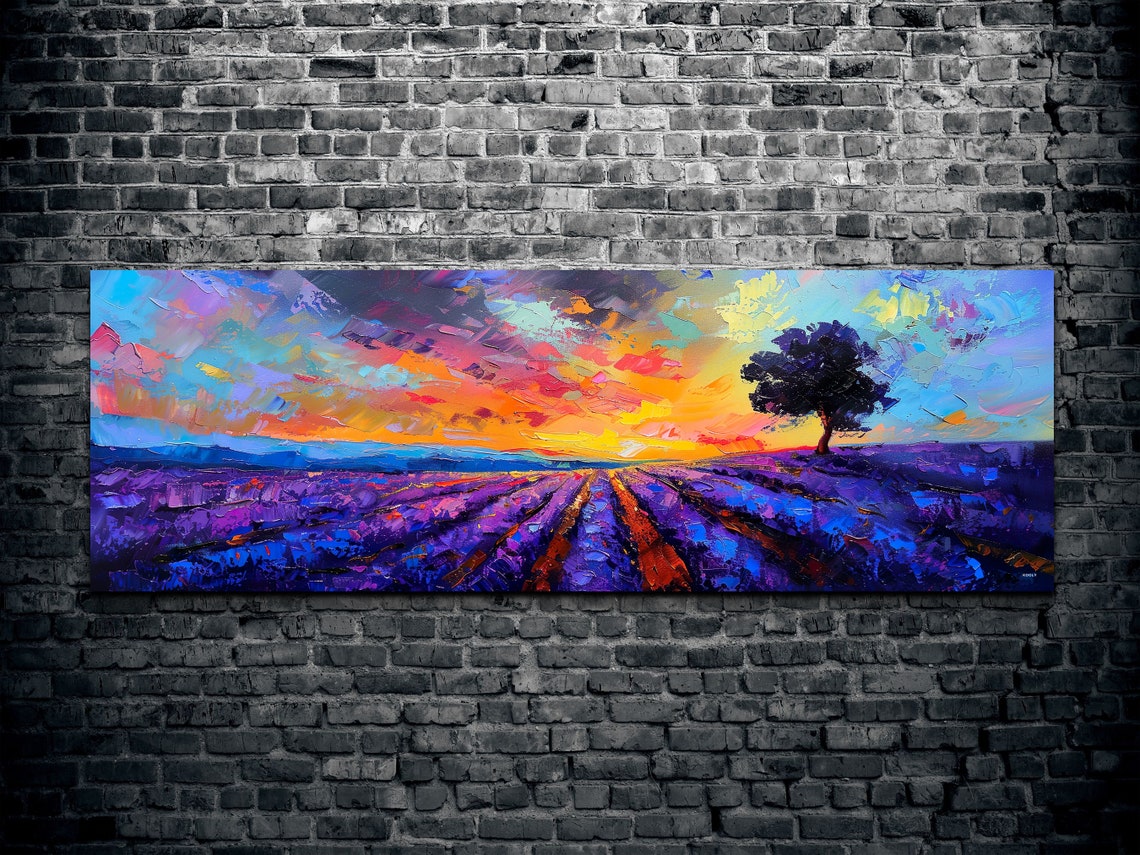 Sunset Over Lavender Field Silhouette Tree Impressionist Art Poster - Image 2
