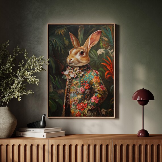 Elegant Rabbit in Ornate Floral Jacket Tropical Portrait Poster