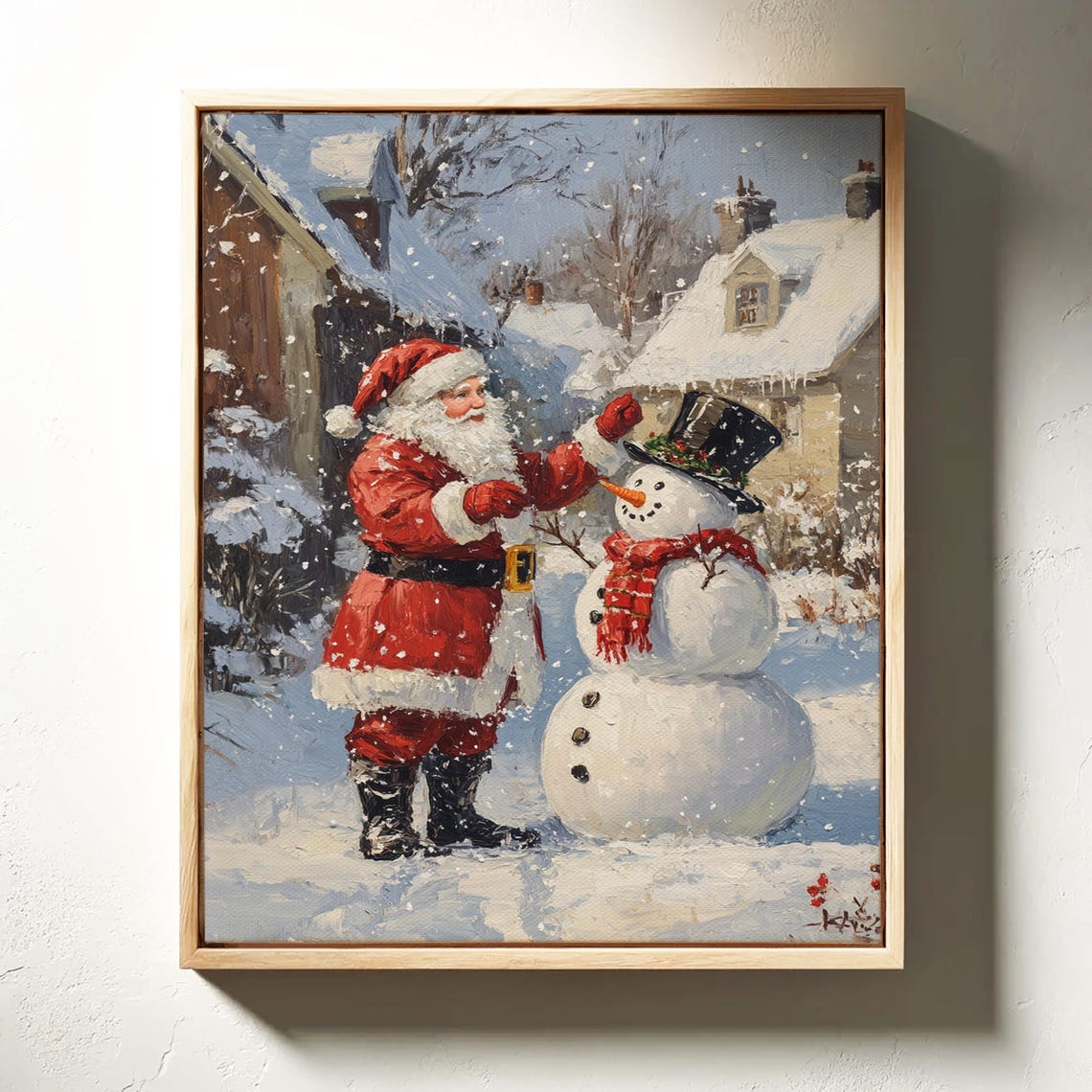 Santa Building Snowman Vintage Oil Painting Christmas Holiday Wall Art Festive Winter Scene For Seasonal Home Decor - Image 3