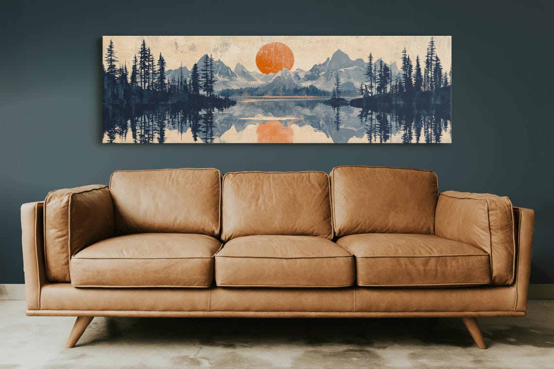 Blue Monochrome Mountain Lake Single Orange Sun Reflection Art Poster - Image 5