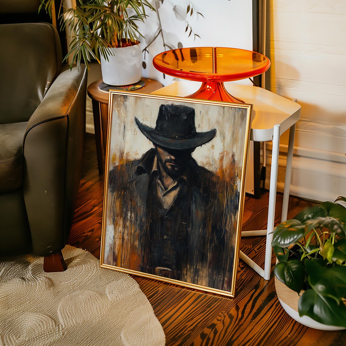 Moody Cowboy Portrait Black Hat Western Oil Painting Rustic Wall Art