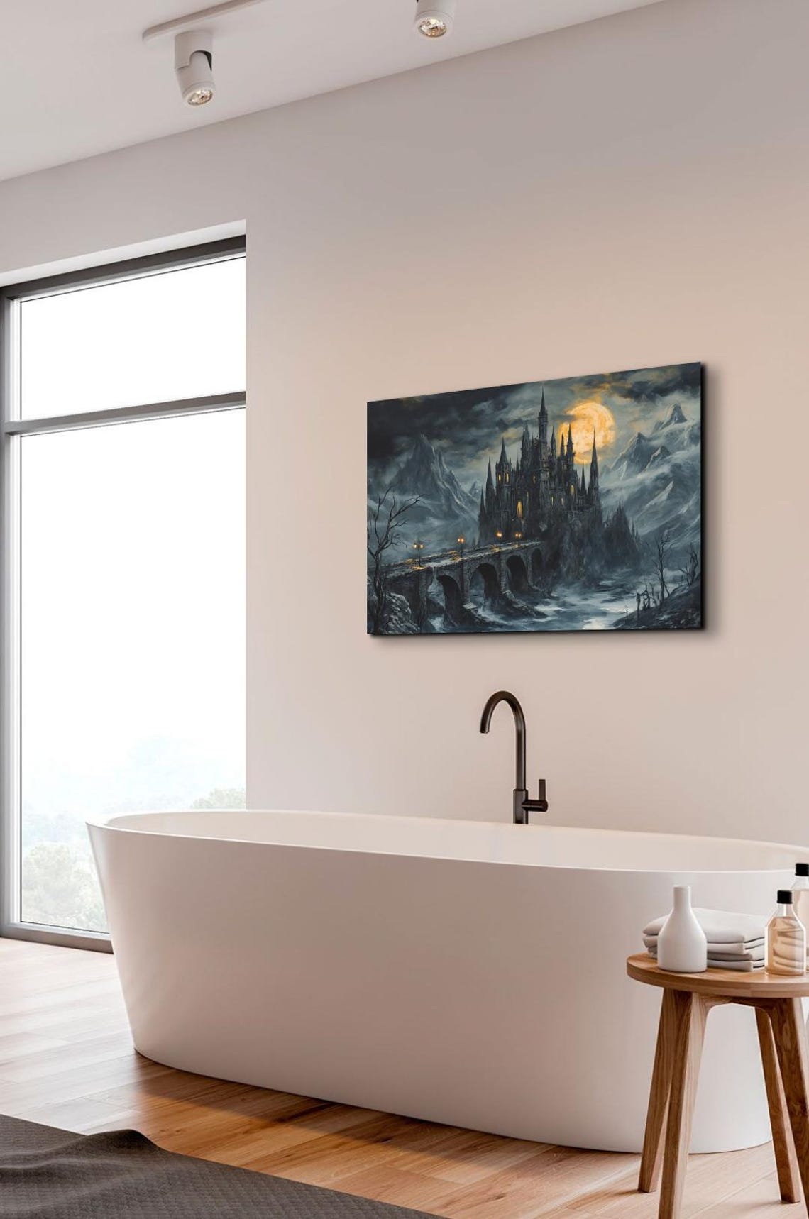 Moonlit Gothic Dracula Castle With Arched Lantern Bridge Poster - Image 2