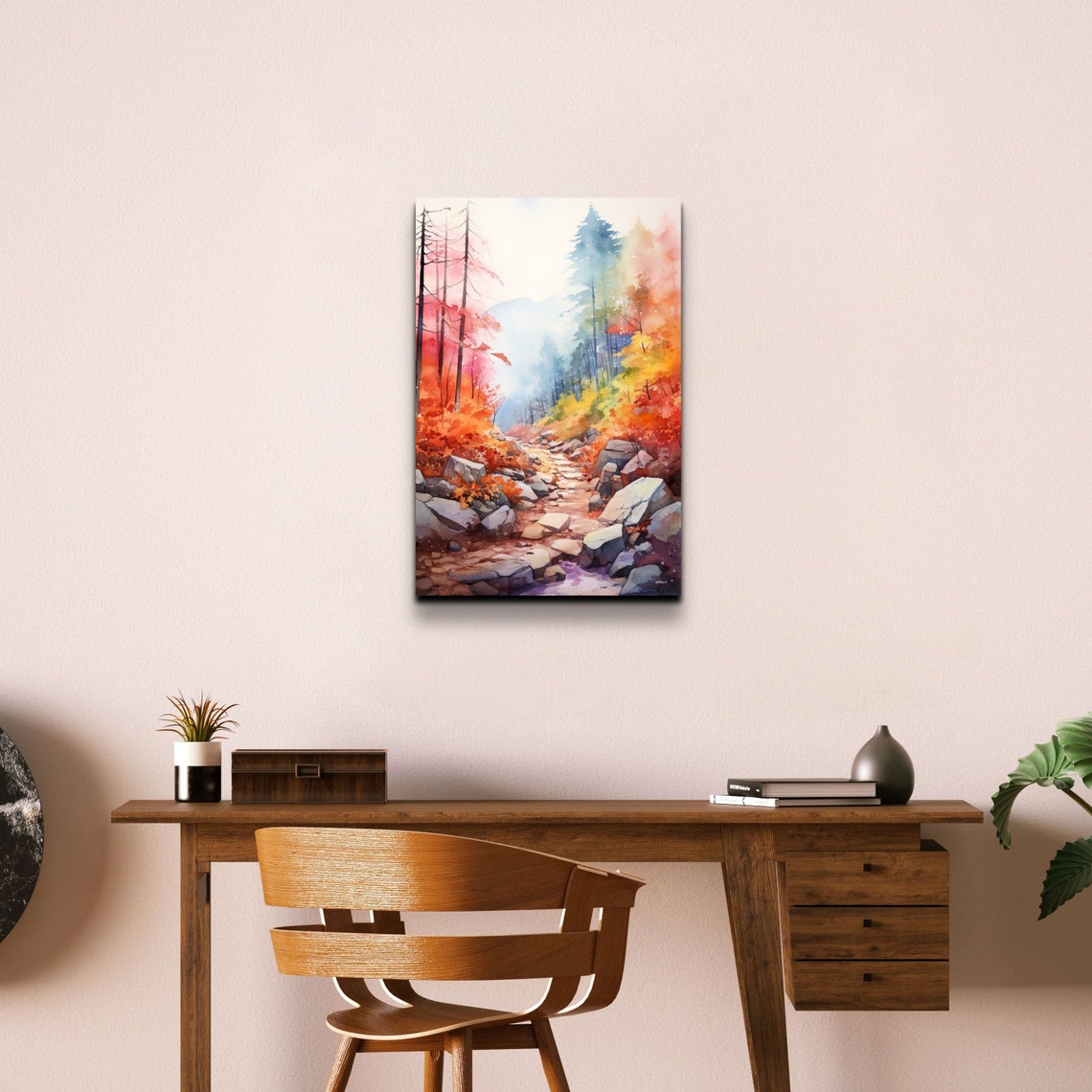 Rocky Hiking Trail Through Autumn Forest Watercolor Art Poster - Image 7