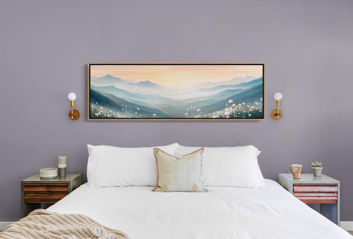 Misty Mountain Sunrise Over Wildflower Meadow Panoramic Art Poster - Image 7
