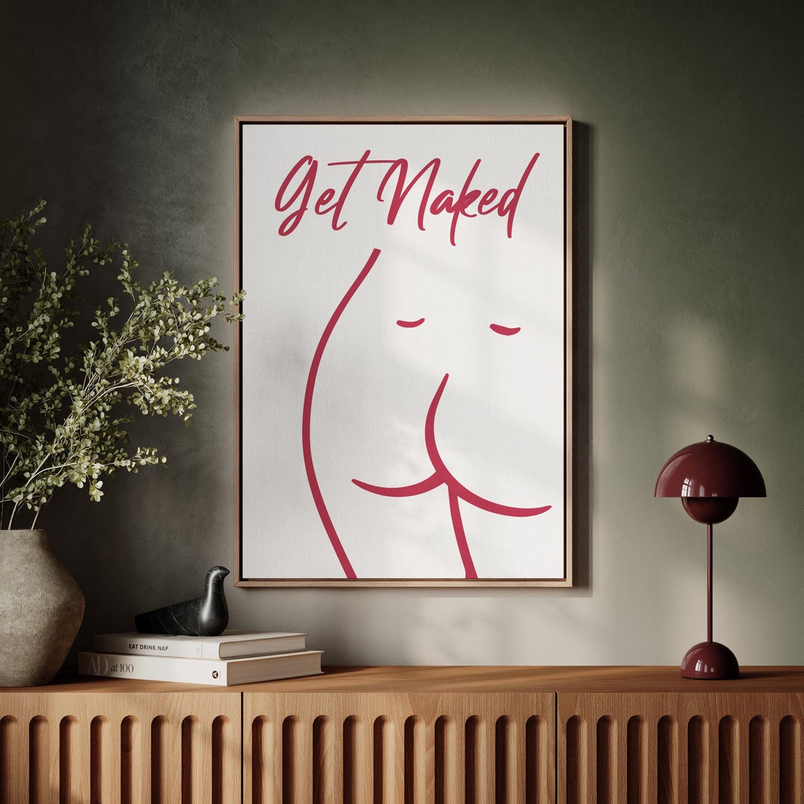 Get Naked Minimalist Red Line Art Script Bathroom Quote Poster