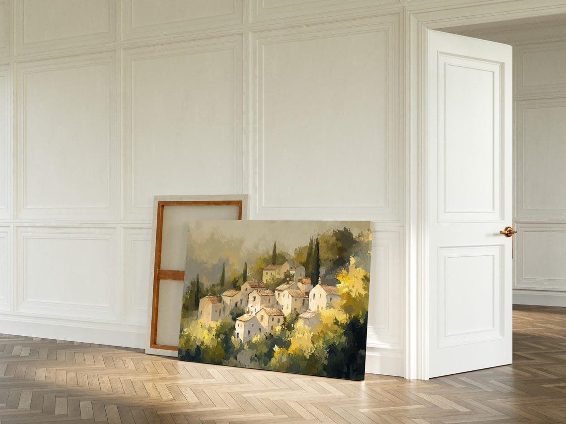 Charming Italian Village Cypress Trees Green Golden Hills Wall Art - Image 2