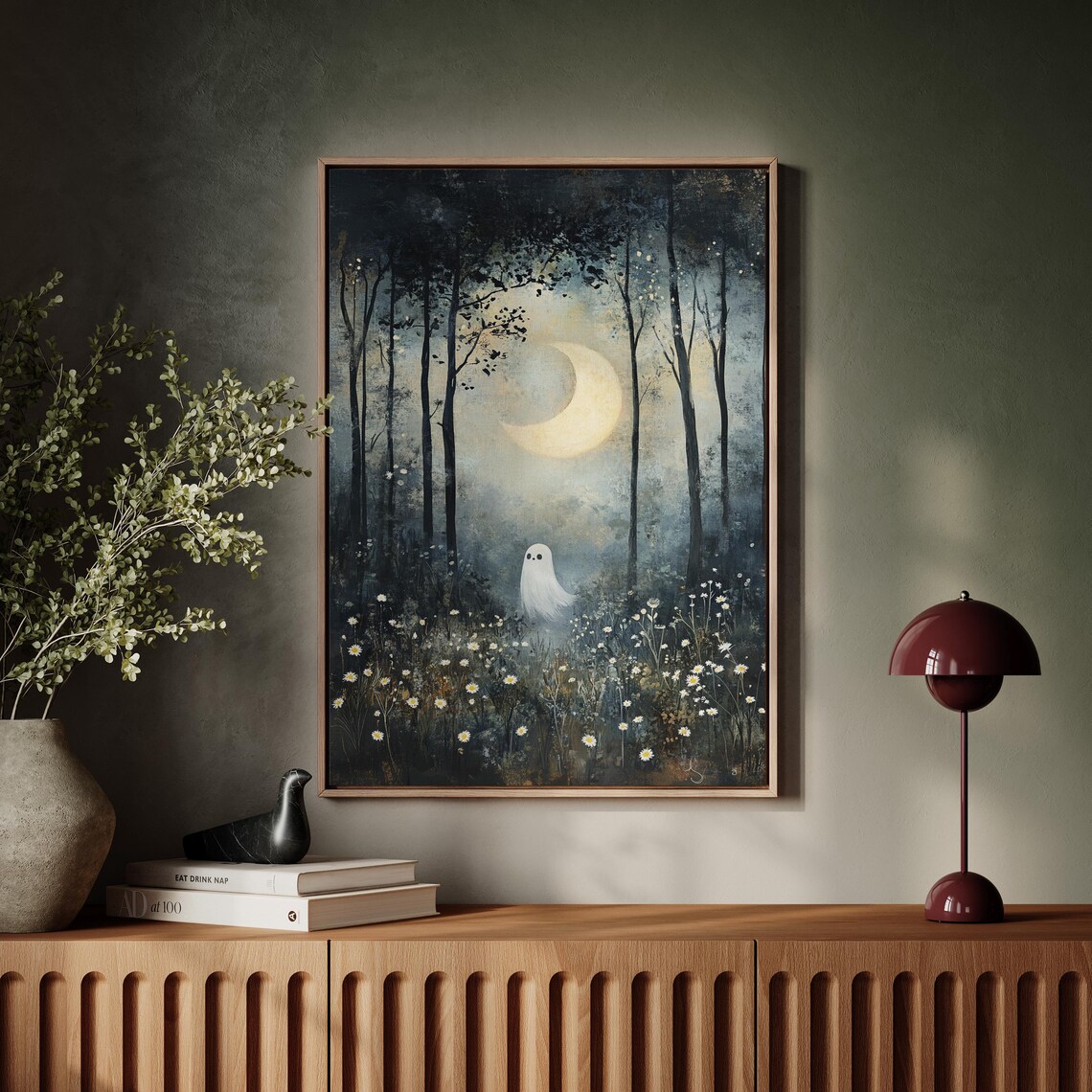 Cute Ghost In Moonlit Forest With Crescent Moon Daisies Halloween Poster - Image 4