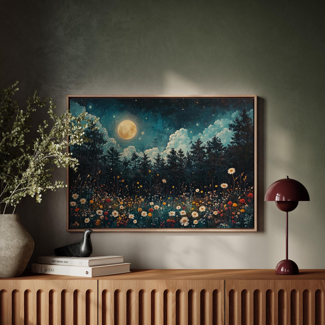 Full Moon Over Moonlit Forest And Wildflower Meadow Night Poster - Image 7